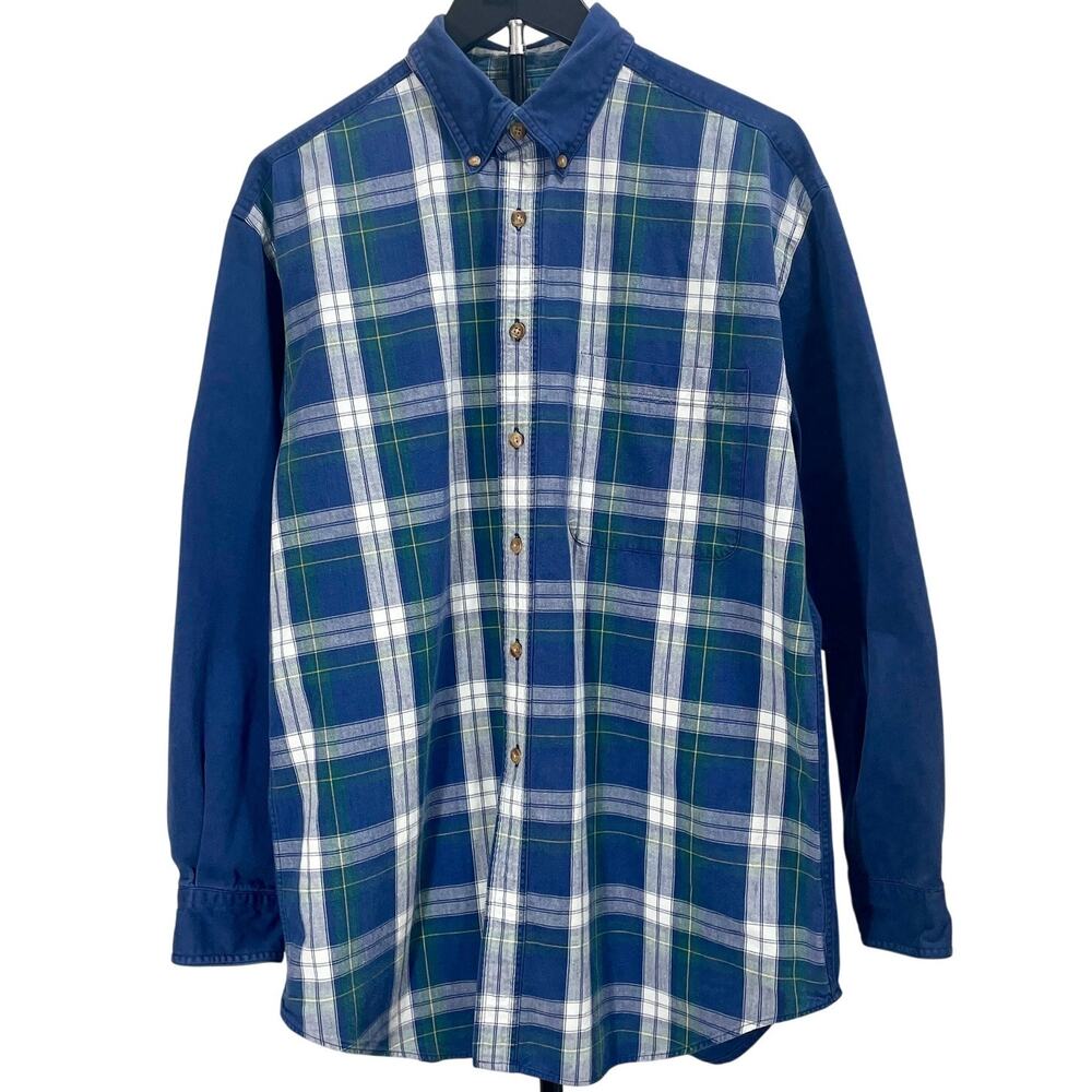 Vintage 90s Apparel Workshop Classic Plaid Button Up Top Blue Green Medium